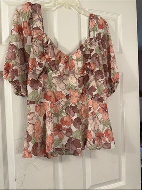 Cato Floral Peplum Blouse in Peach, Sage & Brown